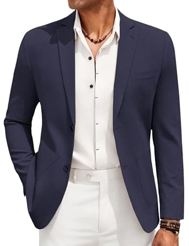 COOFANDY Men's Cotton Linen Blazer Jacket Lightweight Two Botton Sport Coat Slim Fit Business Suit Jacket Navy Blue