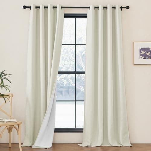 NICETOWN Faux Linen 100% Blackout 108 inch Curtains for Bedroom, Silver Grommet 2 Layers with White Liner Window Treatments Sound Reducing Drapes for Living Room, Natural, W52 x L108, 2 Panels