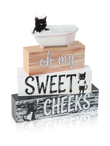 Cat Wooden Tabletop Decor, Oh My Sweet Cheeks Bathroom Wood Sign, Funny Farmhouse Home Decoration for Bathroom Shelf Vanity Desk