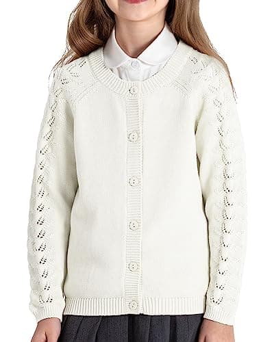 JSTEX Girls Cute Cardigan 100% Cotton Knit Kids Cardigan Long Sleeve Crew Neck Button Sweaters for Girl Size 6-12