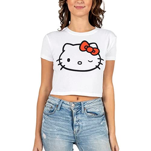 Hello Kitty Face Outline Crew Neck Short Sleeve Women's White Super Crop Baby Tee-XS