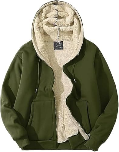 PEHMEA Men's Warm Thicken Fleece Hoodie Sherpa Lined Full-Zip Sweatshirt Jacket(0-ArmyGreen-L)