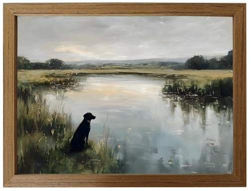 RYZopmuy Framed Black Dog Wall Art Vintage Moody Countryside LakeLandscape