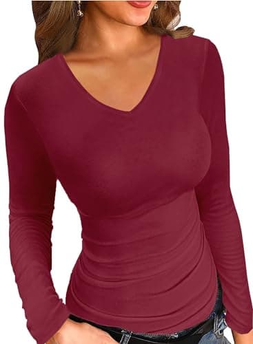 LOLONG Women Long Sleeve V Neck Casual Basic T-Shirts Ribbed Layering Tops