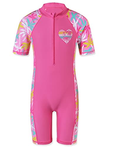 TFJH E Girls One Piece Swimsuit UPF 50+ Bathing Suits Rashguard Suits for Girl Zipper,Pink Coco Tree 92/98