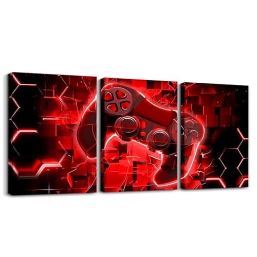 Feelyou Kids Gamer Picture Wall Decor 12" x 16" 3 Piece Gaming Canvas Wall Art for Living Room Bedroom for Boys Girls Teens Bedroom Decor Game Controller Office Artwork Posters Gaming Gifts Red