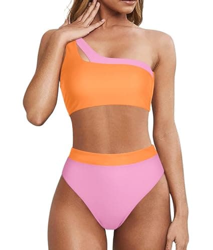 MOOSLOVER Women Cutout One Shoulder High Waisted Bikini High Cut Two Piece Swimsuits(XL,Pink Orange-20)