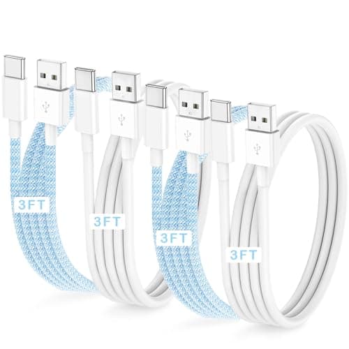 4Pack Car Charger for iPhone 16 15 Pro Max Plus Carplay Cable, USB A to USB C Charging Cord Car Adapter for Apple 15,iPad Pro/Air, Samsung,Pixel,Android Replacement Charging Wire 3FT-White&Blue Weave
