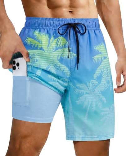 Cozople Mens Hawiian Swim Trunks 7 inch Quick Dry Bathing Suit Stylish Palm Tree Swimsuit Summer Workout Athletic Shorts with Phone Pockets for Daily