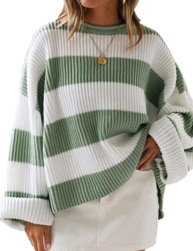 ZESICA Womens Fall Winter Oversized Striped Knit Sweaters Green L