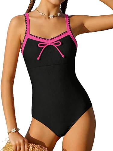 AMAWMW Girls Swimsuit Contrasting Trims Adjustable Straps Bathing Suit Summer Beach Swimwear for Teen Girls 7-16y, Black, 15-16 Years