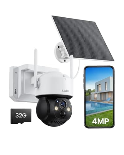 ZOSI C291 4MP Solar Security Cameras Wireless Outdoor, 360° Pan Tilt Battery Cameras for Home Security, 2.5K Color Night Vision, PIR Human Detection, Auto-Tracking, 2.4 GHz WiFi, 32GB Memory Card