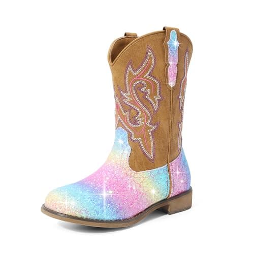 DREAM PAIRS Girls Cowgirl Boots Glitter Toddler Cowboy Boots Child Mid Calf Riding Shoes Party Birthday Dress Up for Toddler/Little/Big Kid,Size 9 Toddler,Rainbow,SKMB26002K