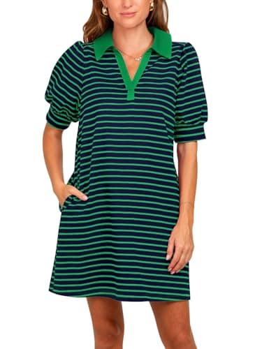 Yousify A Line Dresses for Women Casual V Neck Puff Short Sleeve Striped Summer Dress 2025 Knee Length Tshirt Dresses Green S