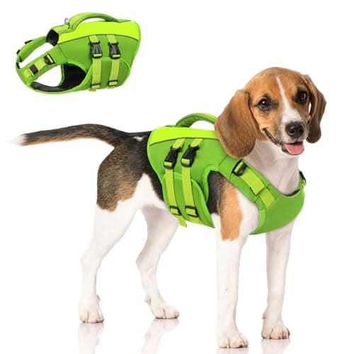 Queenmore Dog Life Jacket, Adjustable Ripstop Dog Life Vest for Swimming Boating, Pet Lifesaver with Superior Buoyancy and Rescue Handle, Pet Swimming Safety Vest(Green,L)