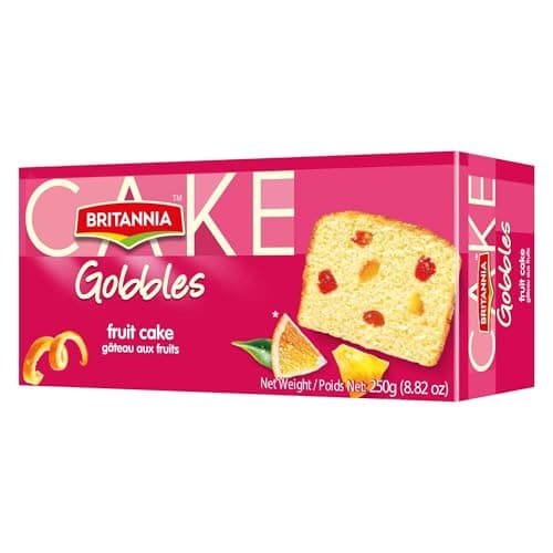 Britannia Gobbles Fruit Flavored Cake Tea Snacks Soft & Delicious Cake with Rich Fruit Bits Perfect for Breakfast & Tea Time 8.82oz (250g)