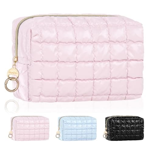 Playexen Quilted Makeup Bag for Purse, Small Travel Toiletry Pouch Extra Cosmetic Bag, Essential Organizer Storage Pouch for Sports Travel Daily Use (Pink)