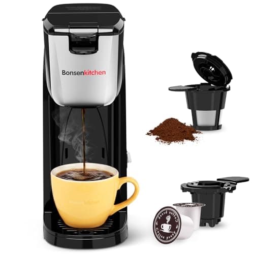 Bonsenkitchen 2-in-1 Single Serve Coffee Maker for K Cup & Ground Coffee, Fast Brewing (6-14oz),One Cup Coffee Machine with Travel Mug,Space-Saving for Home，Office，Dorm