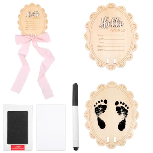 Baby Name Announcement Sign, Wooden 5.7in Newborn Birth Announcement Sign, Double-sided 3D Hello World Newborn Signs with Pink Ribbon Bow Ink Pad Marker Pen, As Baby Shower Hand Footprints Photo Prop