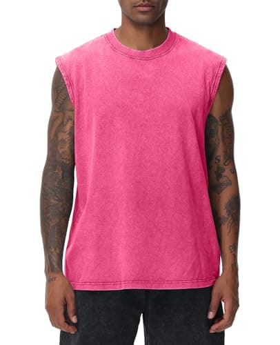 SnowElve Mens Workout Tank Tops Sleeveless Tee Shirts Men Muscle Shirt Gym Acid Wash T Shirts Running Beach Loose Fit Tee(PK,2XL) Pink