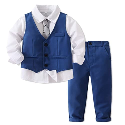 Kimocat Boys' 4-Piece Formal Suit Set Dress Shirt Vest Pants and Tie Wedding Birthday Party Suit (as1, Age, 3_Years, Blue)