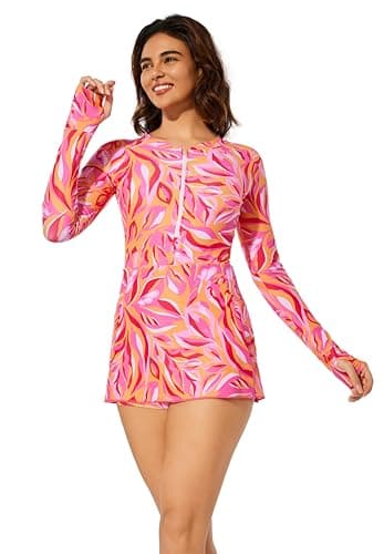 Cagola Modest Swimsuits for Women Long Sleeve Bathing Suit Rash Guard Swimsuit Swim Dress Conservative Swimwear Burkini Rose Leaf XXL
