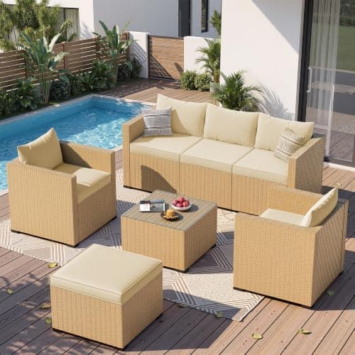 UDPATIO 7 Piece Patio Furniture Set, Outdoor Sectional Sofa, Beige