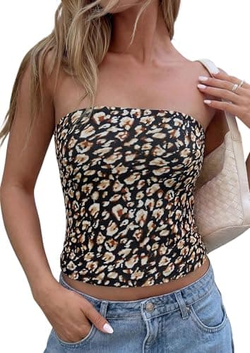PRETTYGARDEN Tube Tops for Women 2026 Summer Spring Floral Strapless Going Out Tops Y2K Mesh Cute Beach Vacation Clothes (Brown Leopard,Medium)