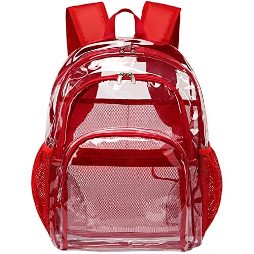 KUI WAN Clear Backpack, Clear Bag Stadium Large See Through Bookbag Heavy Duty PVC Transparent Backpacks for School, Red