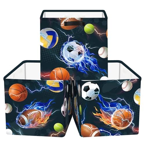 HUUMONSS 11.8" Sport Balls Cube Storage Organizer Set 3Pcs Football Rugby Basketball Cube Storage Bin for Bathroom/Bedroom Kid Book Toy Chest, Lightning