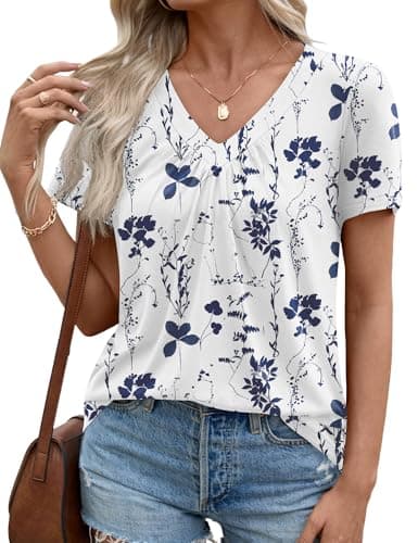 LOMON Womens Summer Tops Short Sleeve V Neck Pleated T-Shirts Loose Fit Dressy Casual Blouses White Blue Floral S