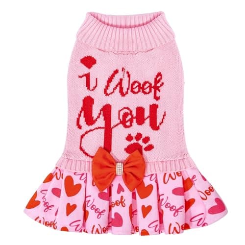 CuteBone Valentine Dog Sweater Dress with Bow for Small Medium Dogs & Cats