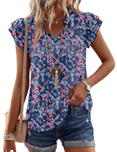 LOMON Petite Tops for Women Summer Chiffon Blouses V Neck Ruffle Short Sleeve Dressy Casual Work Shirts（Navy Floral Print,S