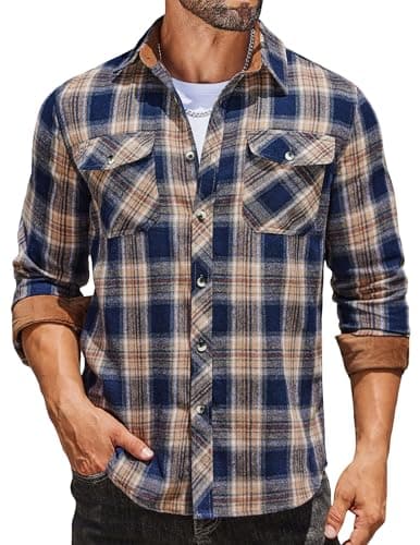 COOFANDY Men's Plaid Flannel Shirts Casual Long Sleeve Lightweight Flannels | Brushed Cotton Flannels, Corduroy Lining, 2 Flap Pockets, Casual Button-Down, Thin Flannels for Men, Work Button Ups, Fall