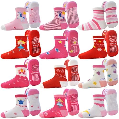 Tphon Toddler Baby Non Slip Socks Infant Anti Skid Socks with Grips 12 Pairs Crew Sock for 6-12 Months Kids Boys Girls