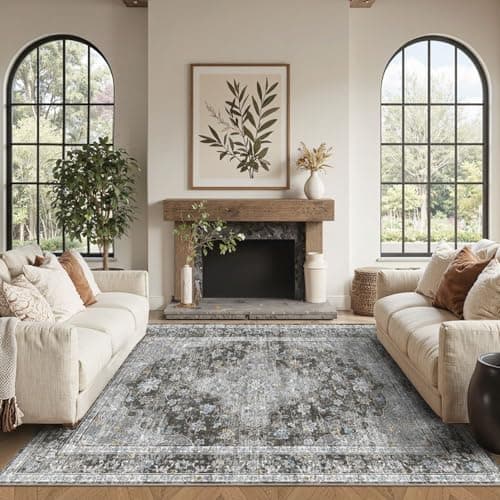 OHWPEAT 4x6 Area Rugs for Living Room, Bedroom, Small Washable Black Rugs, Entryway Non Slip Rug, Neutral Floral Vintage Boho Soft Indoor Carpet for Nursery, Bathroom, Office