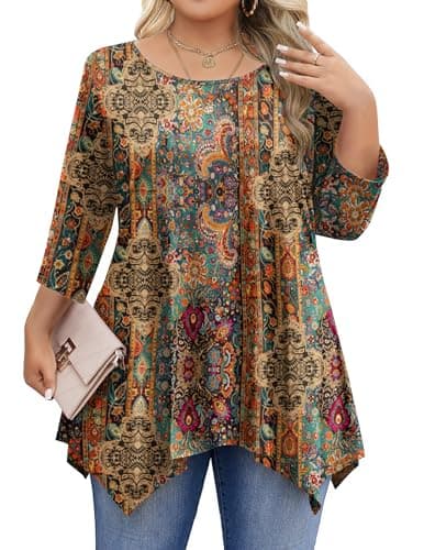 IN'VOLAND Plus Size Tops for Women 3/4 Sleeve Shirts Tunic Tops to Wear with Leggings Loose Fit Summer Fall Clothes