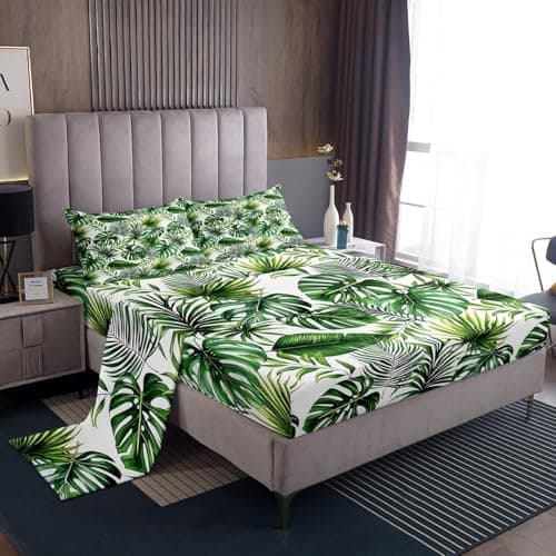 Erosebridal Palm Leaves Bed Sheets Hawaiian Sheet Set Monstera Banana Leaves Bedding Set Twin Size Summer Tropical Leaves Fitted Sheet for Living Room Bedroom Decor, Green White Flat Sheet