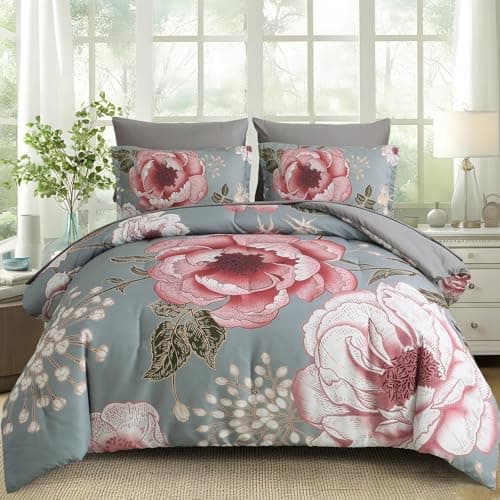 Luxudecor Floral Comforter Set Queen Size 7 Pieces Bed in a Bag,Pink Flower Print on Gray Bedding Set,Soft Microfiber Bedding Set for All Season (Gray,90"x90")