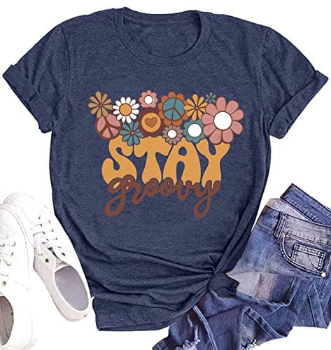Groovy Teacher Shirt for Women Retro Floral Short Sleeve Hippie 70s Teacher Tee Top(Blue,XX-Large)