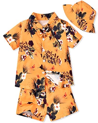 fioukiay Toddler Boys Hawaiian Outfits Little Boys Floral T-Shirt Shorts Hat Summer Clothes (Yellow, 5-6 Years)