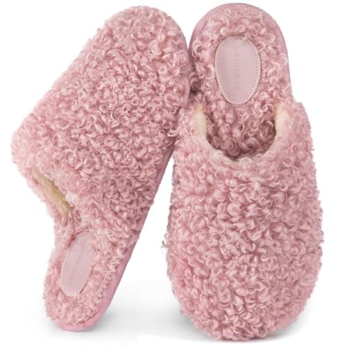 Snug Leaves Women's Scuff Slippers Furry Cute Curly Faux Wool Slip-on Indoor Memory Foam House Shoes Baby Pink, 5-6 US