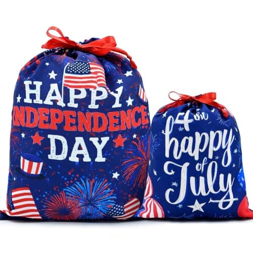 Mshutbna 4th of July Patriotic Gift Bags 2pcs Reusable Fabric Drawstring Gift Wrapping Bag for Presents Wrapping Party Decorations Holiday Favors 16x12 12x10 inches