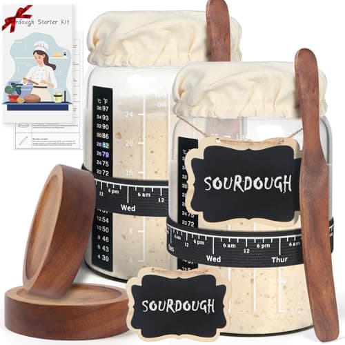 Kmise 2 Pack Sourdough Starter Jar Glass, 34 Oz Wide-mouth Sourdough Starter Jar Kit W/Acacia Spatula, Cholkboard Sign, Thermometer, Feeding Band, cloth cover,Reusable Sourdough Bread Baking Supplies