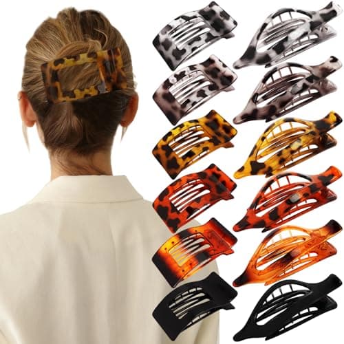 Velscrun Flat Hair Clips for Women Girls, 12 Pack Lay Flat Claw Clips, Large Side French Duck Billed Hair Jaw Claw Clip for All Hair Types, Daily Trendy Stylish Styling Gifts Hair Clip Leopard