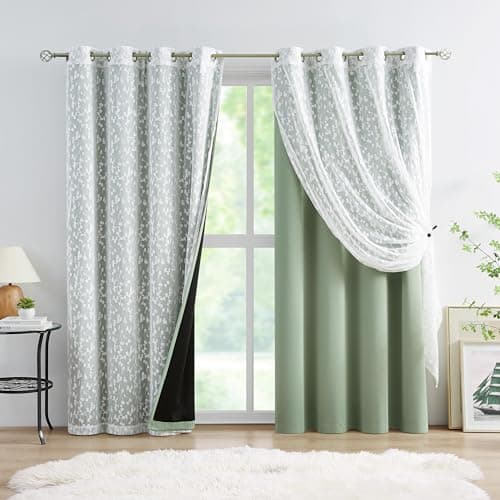 Mix Matched Green Full Blackout & Sheer Leaf Lace Curtains 52"Wx95L 6Panels