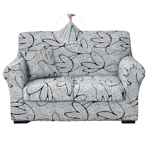 Keyroal Stretch Printed Sofa Cover Couch Covers, 4-Piece Loveseat Slipcovers with 2 Separate Cushion Cover & 1 Pillow Case, Washable Spandex Furniture Protector for Living Room(Loveseat, Grey Lotus)