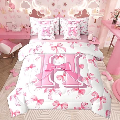 jejeloiu Kids Girls Cute Pink Bow Comforter Set with Sheets Twin 7 Piece