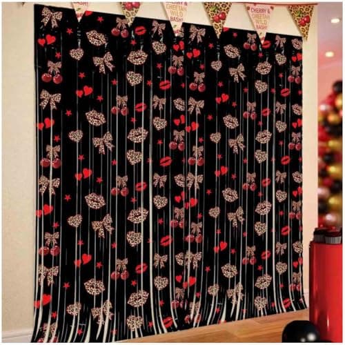 Cheetah and Cherry Birthday Decoration Girl Night Bachelorette Party Supplies 3.3x6.6ft Tinsel Foil Fringe Curtain Red Black Plastic Photo Prop Backdrop Streamers for Women 2 Pack