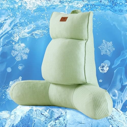Amélie Home Premium Cooling Waffle Reading Pillow, Qmax>0.37 Ergonomic Backrest Support with Pocket & Handle, Breathable Lounging Pillow for Bed Sofa Floor Summer, 25 Inches, Sage Green
